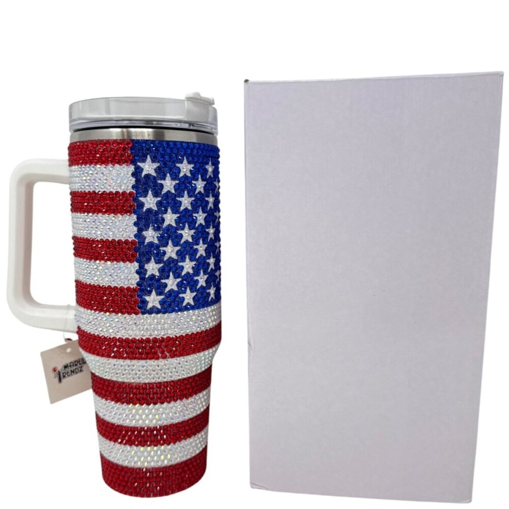 Rhinestone American Flag Tumbler With Handle & Lid 40 Oz Insulated Stainless Ste